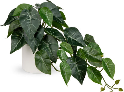 Artificial Plants Potted Alocasia Amazonica Polly Faux Plant with White Ceramic Pot Fake Hanging Plants Indoor for Home Living Room Shelf Office Aesthetic Decor