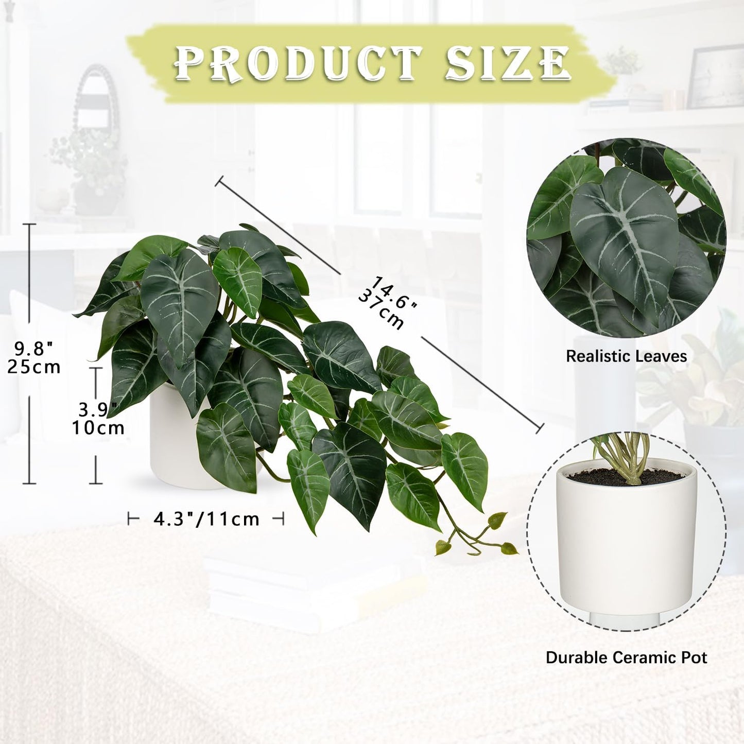 Artificial Plants Potted Alocasia Amazonica Polly Faux Plant with White Ceramic Pot Fake Hanging Plants Indoor for Home Living Room Shelf Office Aesthetic Decor