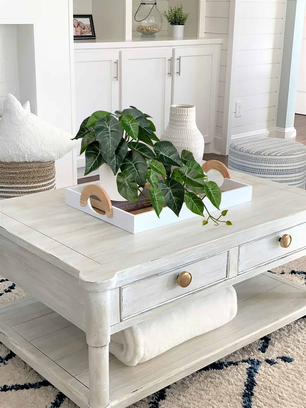 Artificial Plants Potted Alocasia Amazonica Polly Faux Plant with White Ceramic Pot Fake Hanging Plants Indoor for Home Living Room Shelf Office Aesthetic Decor