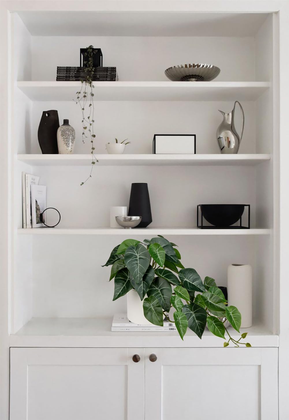 Artificial Plants Potted Alocasia Amazonica Polly Faux Plant with White Ceramic Pot Fake Hanging Plants Indoor for Home Living Room Shelf Office Aesthetic Decor