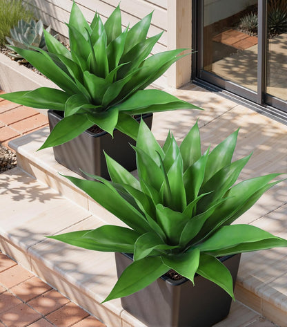 Fake Plants Agave Artificial Plants Outdoor 2 PCS for Outside, Faux Greenery UV Resistant Artificial Outdoor Plants for Front Door Porch Planter Urn Patio Garden Yard 28inch Classic Green