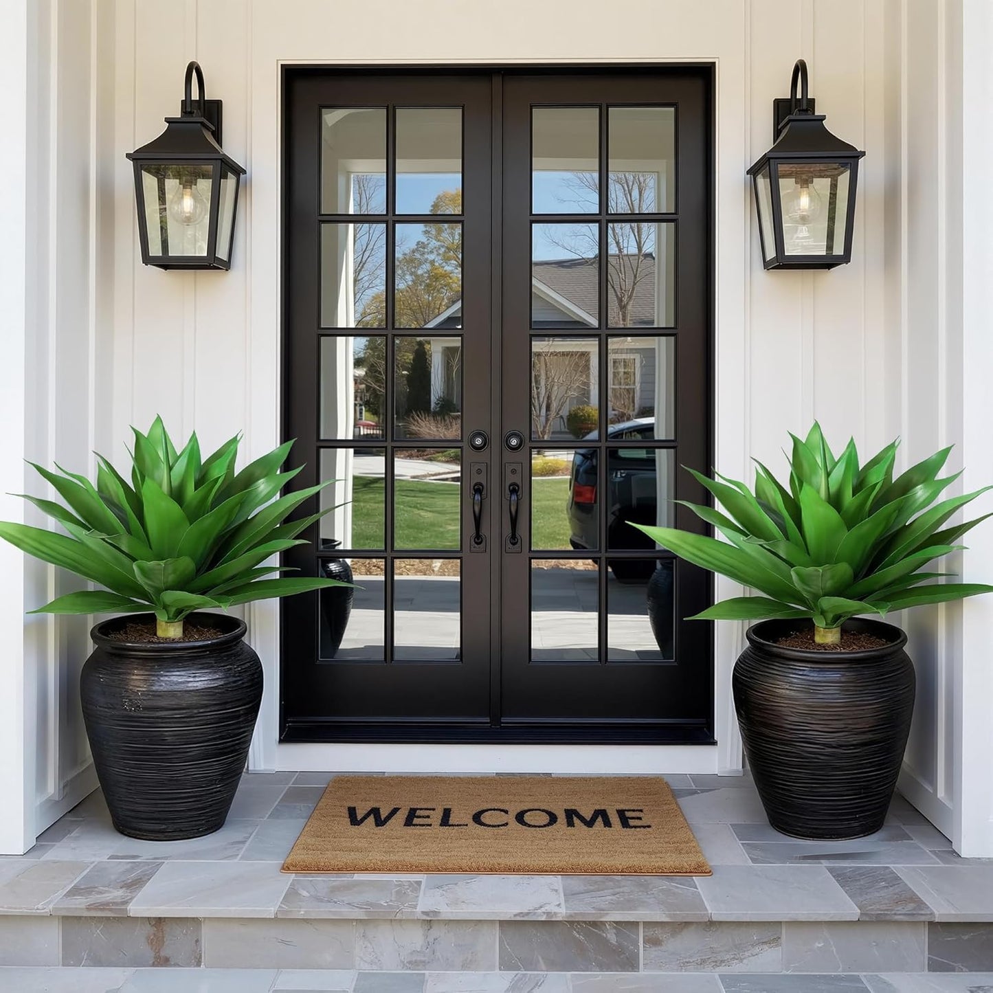 Fake Plants Agave Artificial Plants Outdoor 2 PCS for Outside, Faux Greenery UV Resistant Artificial Outdoor Plants for Front Door Porch Planter Urn Patio Garden Yard 28inch Classic Green