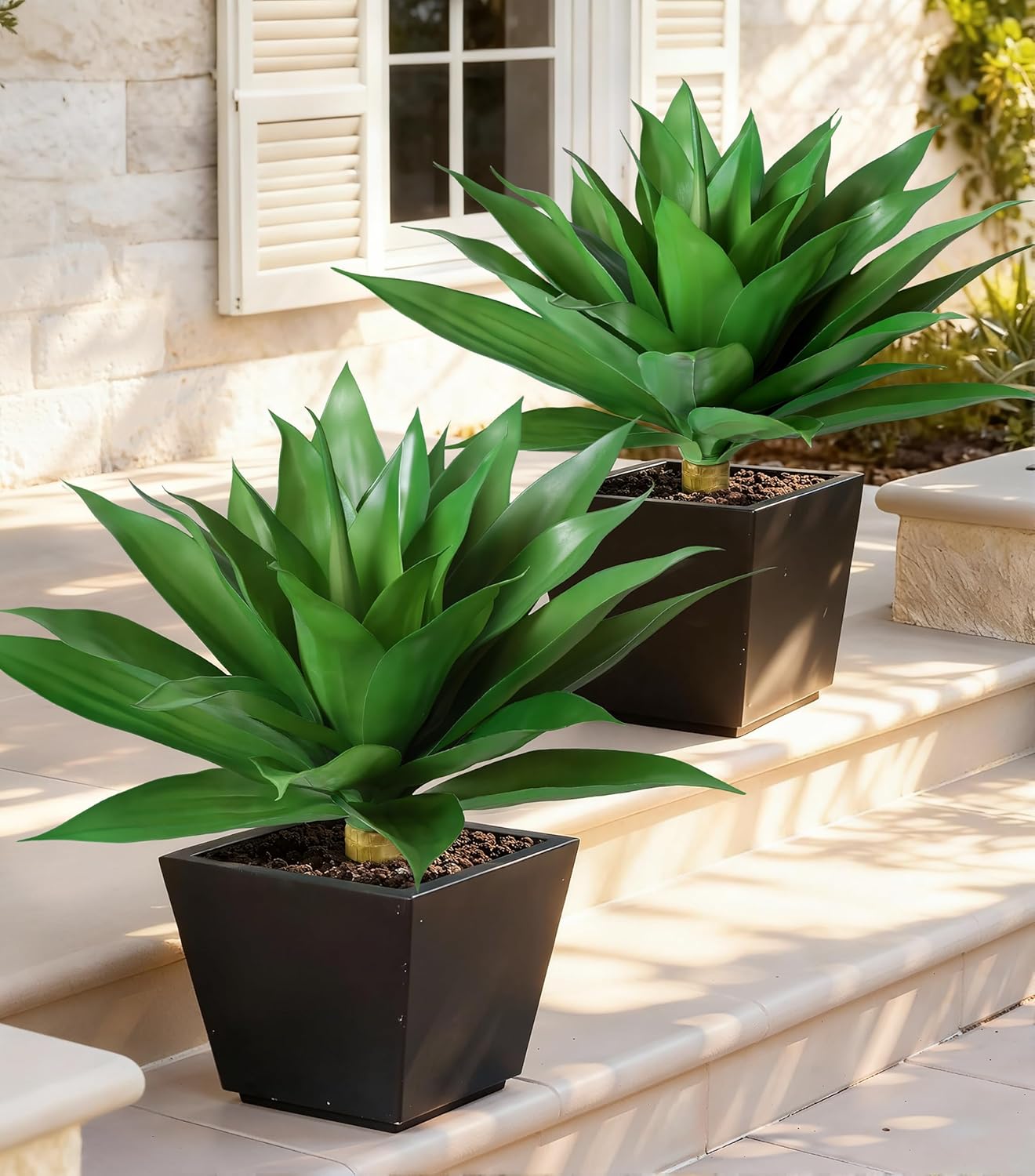 Fake Plants Agave Artificial Plants Outdoor 2 PCS for Outside, Faux Greenery UV Resistant Artificial Outdoor Plants for Front Door Porch Planter Urn Patio Garden Yard 28inch Classic Green