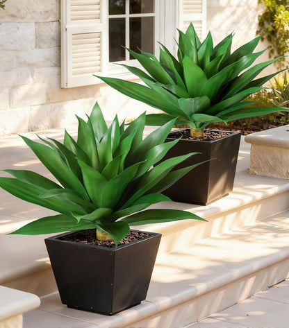 Fake Plants Agave Artificial Plants Outdoor 2 PCS for Outside, Faux Greenery UV Resistant Artificial Outdoor Plants for Front Door Porch Planter Urn Patio Garden Yard 28inch Classic Green