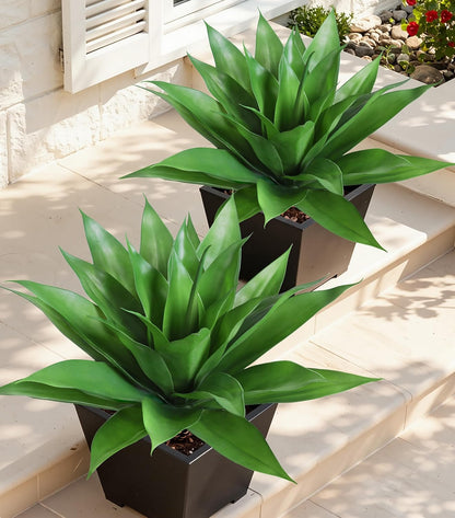 Fake Plants Agave Artificial Plants Outdoor 2 PCS for Outside, Faux Greenery UV Resistant Artificial Outdoor Plants for Front Door Porch Planter Urn Patio Garden Yard 28inch Classic Green