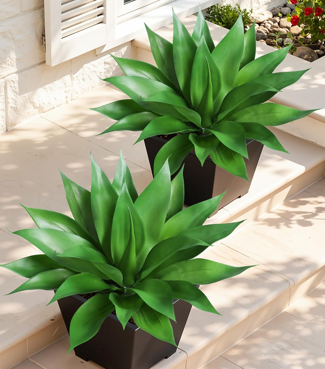 Fake Plants Agave Artificial Plants Outdoor 2 PCS for Outside, Faux Greenery UV Resistant Artificial Outdoor Plants for Front Door Porch Planter Urn Patio Garden Yard 28inch Classic Green