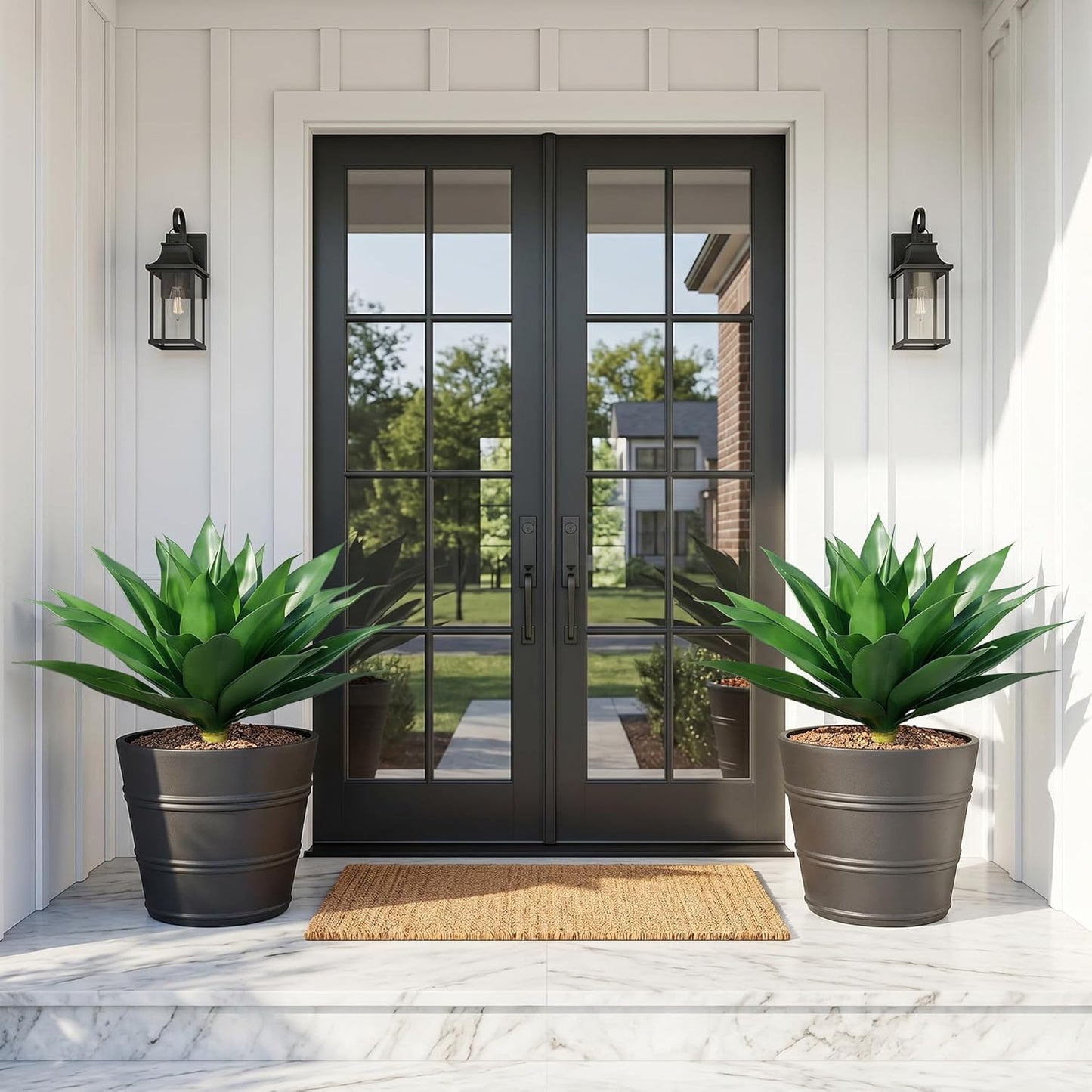 Fake Plants Agave Artificial Plants Outdoor 2 PCS for Outside, Faux Greenery UV Resistant Artificial Outdoor Plants for Front Door Porch Planter Urn Patio Garden Yard 28inch Classic Green