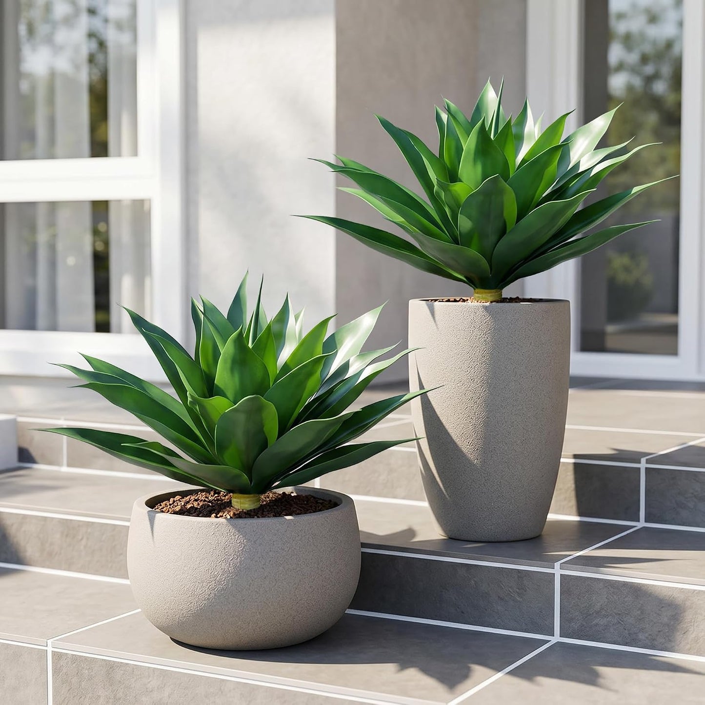Fake Plants Agave Artificial Plants Outdoor 2 PCS for Outside, Faux Greenery UV Resistant Artificial Outdoor Plants for Front Door Porch Planter Urn Patio Garden Yard 28inch Classic Green