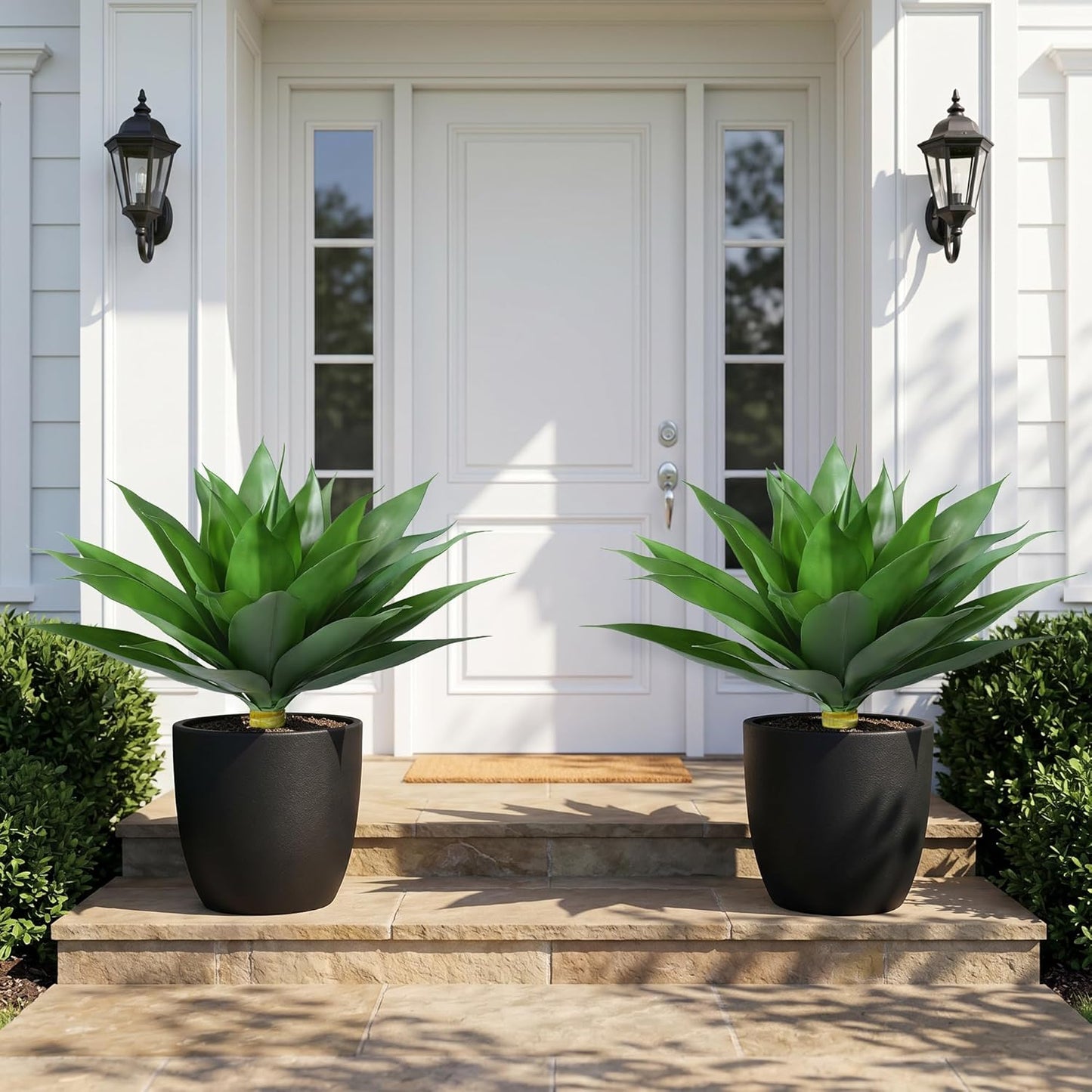 Fake Plants Agave Artificial Plants Outdoor 2 PCS for Outside, Faux Greenery UV Resistant Artificial Outdoor Plants for Front Door Porch Planter Urn Patio Garden Yard 28inch Classic Green