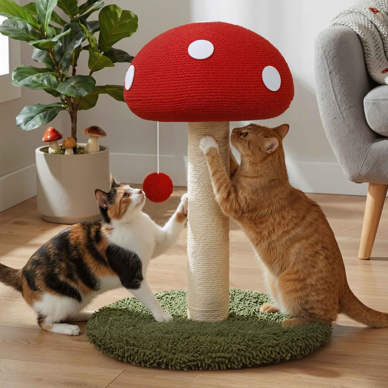 Mushroom Cat Scratching Post, Mushroom Cat Scratcher with Sisal Rope and Interactive Hanging Ball, 20 Inch Scratching Post for Indoor Cats and Kittens