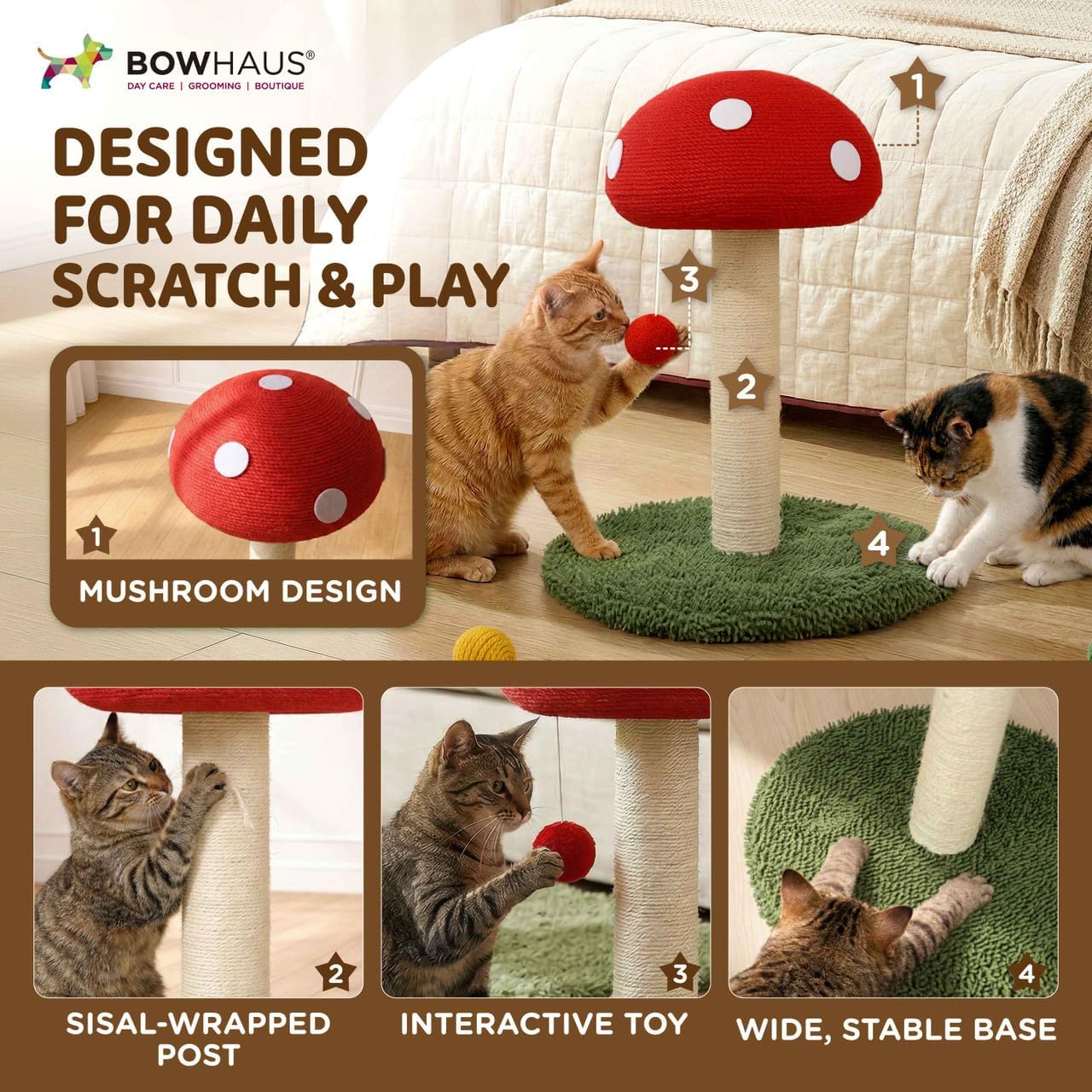 Mushroom Cat Scratching Post, Mushroom Cat Scratcher with Sisal Rope and Interactive Hanging Ball, 20 Inch Scratching Post for Indoor Cats and Kittens