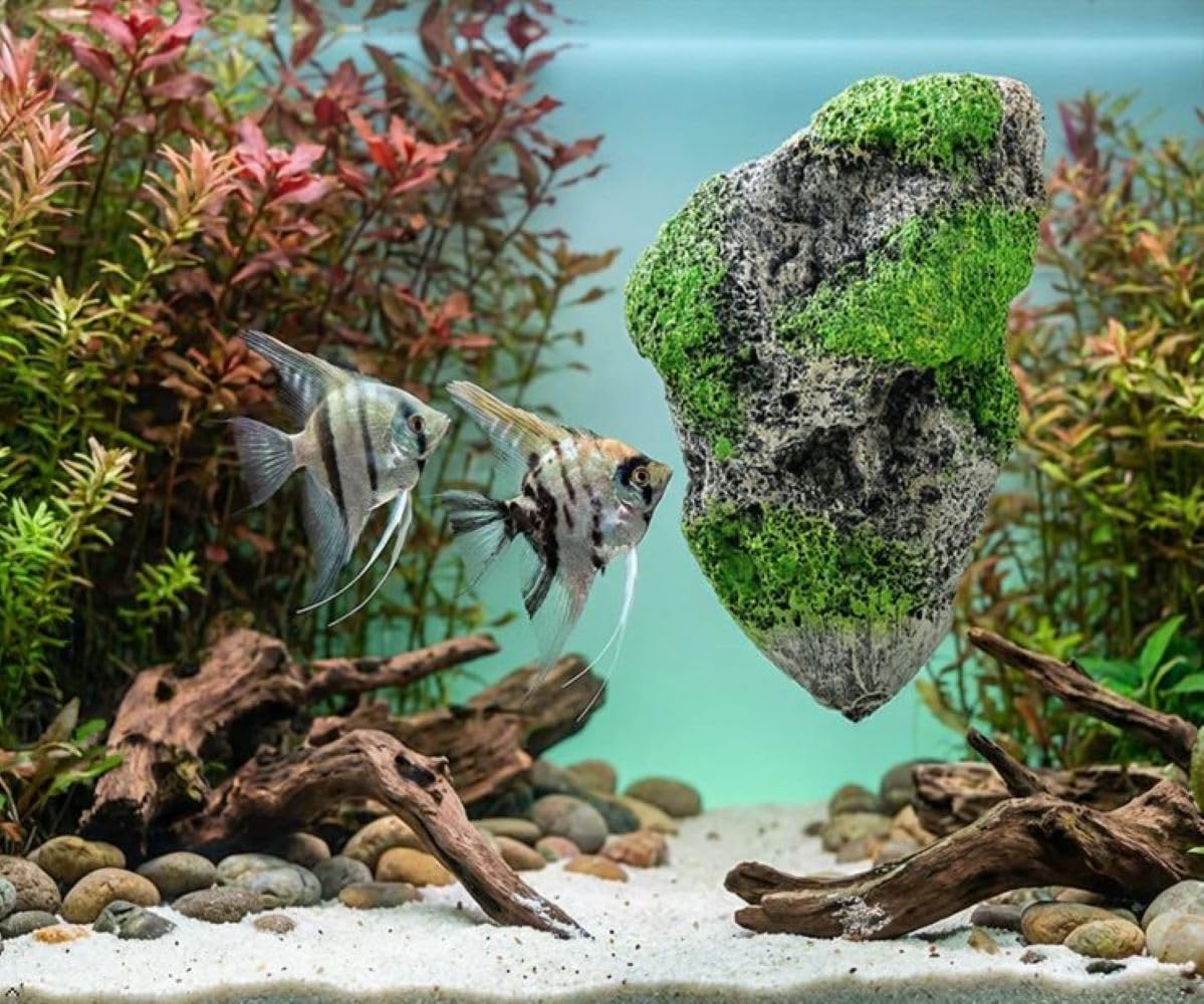 Aquarium Floating Rock Decor, Mountain Fish Tank Ornament with Moss | Resin Hidden Cave Shelter for Betta Shrimp Small Fish, Natural Landscape Aquarium Decorations(Medium Number)