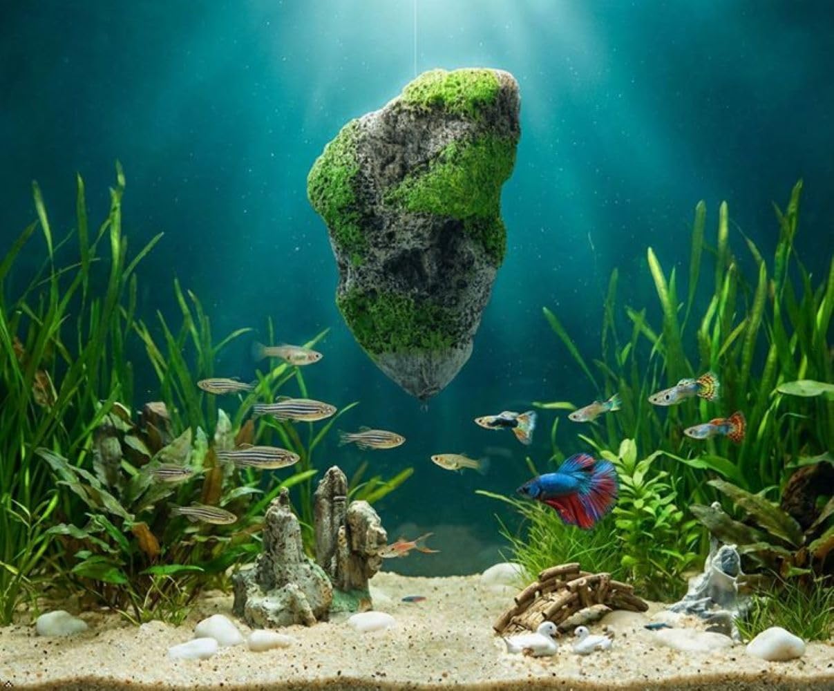 Aquarium Floating Rock Decor, Mountain Fish Tank Ornament with Moss | Resin Hidden Cave Shelter for Betta Shrimp Small Fish, Natural Landscape Aquarium Decorations(Medium Number)
