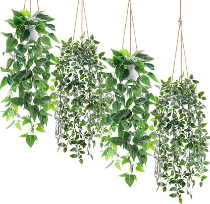 4Pcs Fake Plants Hanging Artificial Ivy Vine Faux Eucalyptus Hanging Plants, Boston Fern, String of Pearls for Living Room Aesthetic Bedroom Boho Kitchen Wall Shelf Indoor Outdoor Decor