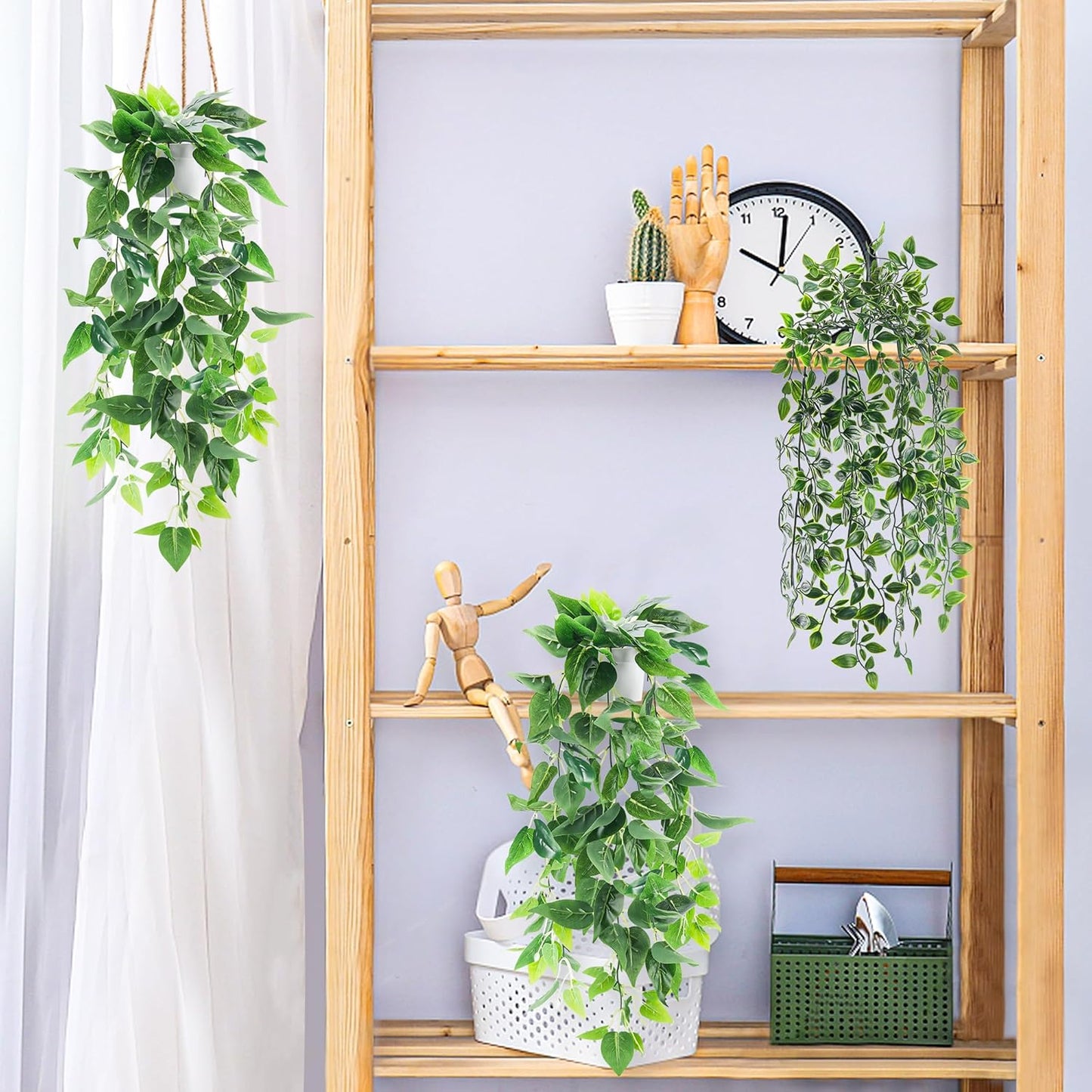 4Pcs Fake Plants Hanging Artificial Ivy Vine Faux Eucalyptus Hanging Plants, Boston Fern, String of Pearls for Living Room Aesthetic Bedroom Boho Kitchen Wall Shelf Indoor Outdoor Decor