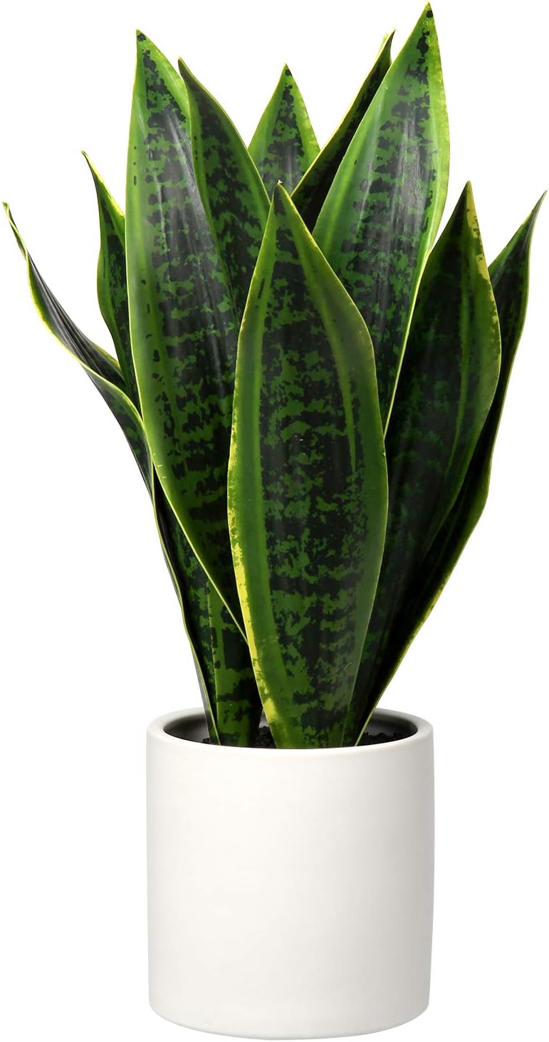 Fake Snake Plant 16" Faux Potted Plant Artificial Snake Plant with White Ceramic Pot Sansevieria Plant Perfect for House Modern Living Room Office Housewarming Gift Indoor Decor