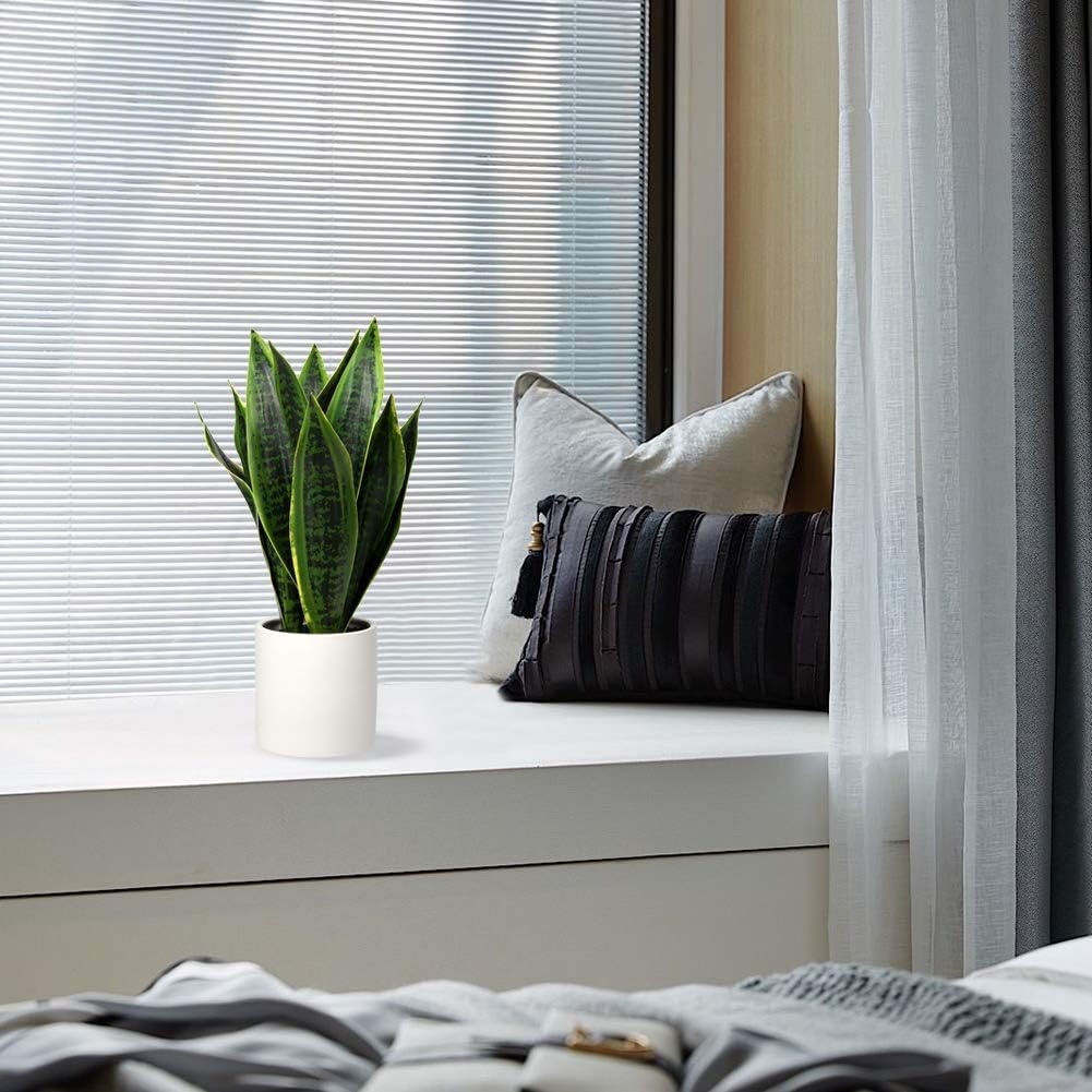 Fake Snake Plant 16" Faux Potted Plant Artificial Snake Plant with White Ceramic Pot Sansevieria Plant Perfect for House Modern Living Room Office Housewarming Gift Indoor Decor