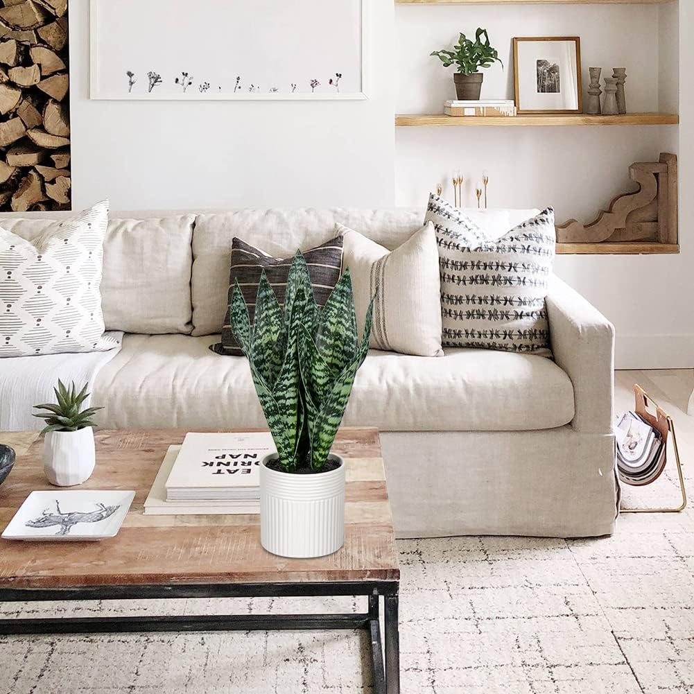 Fake Snake Plant 16" Faux Potted Plant Artificial Snake Plant with White Ceramic Pot Sansevieria Plant Perfect for House Modern Living Room Office Housewarming Gift Indoor Decor