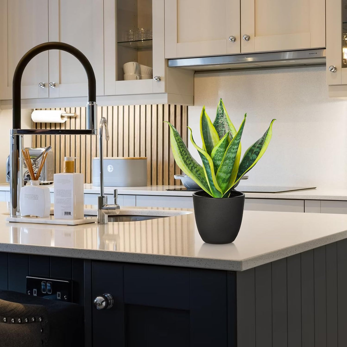 Fake Snake Plant 16" Faux Potted Plant Artificial Snake Plant with White Ceramic Pot Sansevieria Plant Perfect for House Modern Living Room Office Housewarming Gift Indoor Decor