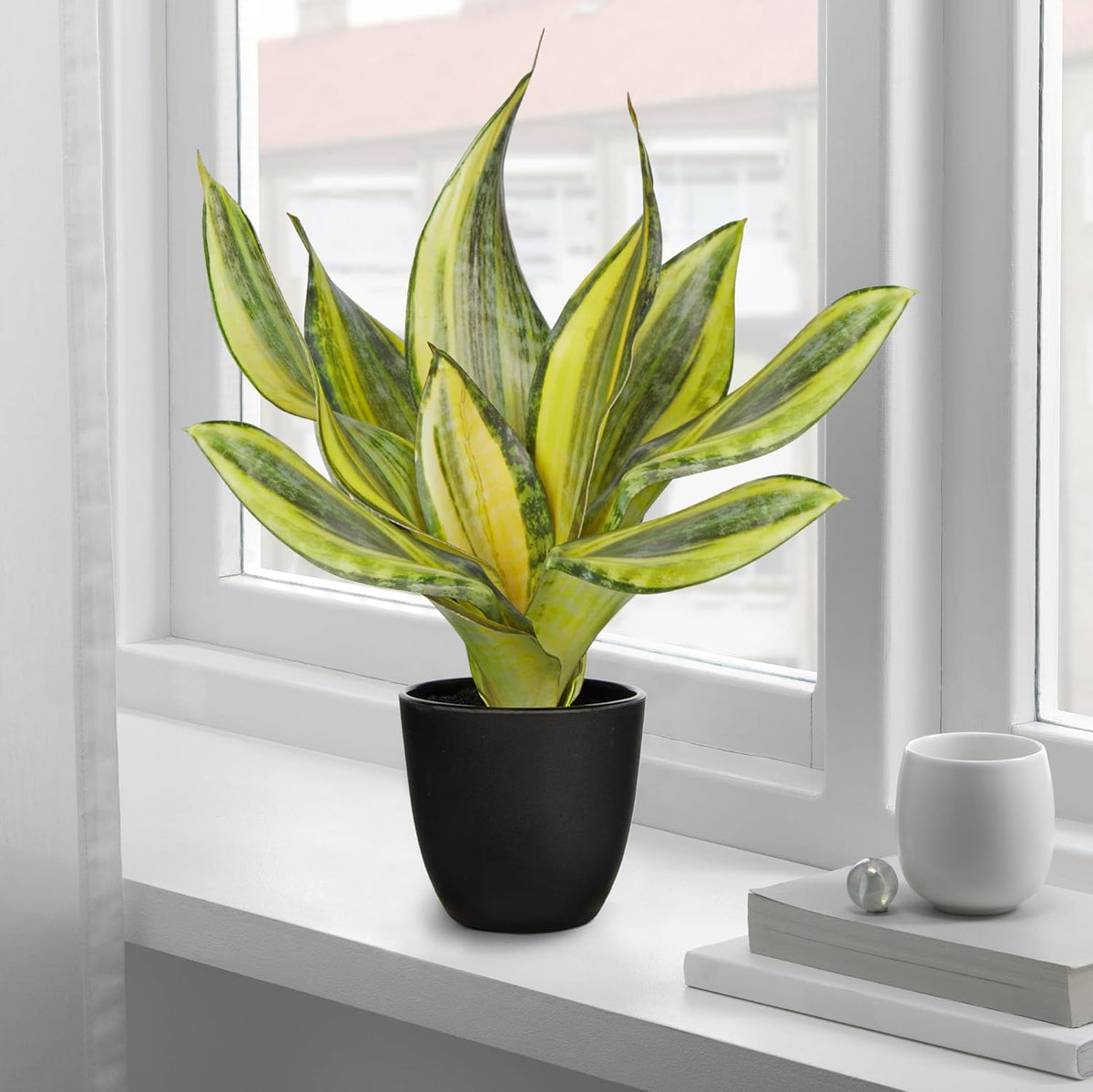 Fake Snake Plant 16" Faux Potted Plant Artificial Snake Plant with White Ceramic Pot Sansevieria Plant Perfect for House Modern Living Room Office Housewarming Gift Indoor Decor