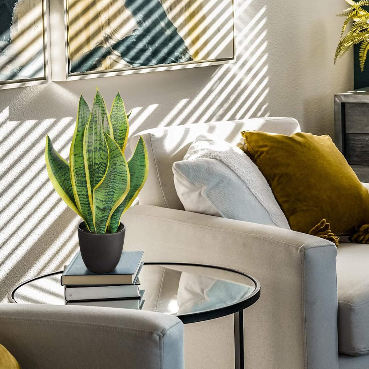 Fake Snake Plant 16" Faux Potted Plant Artificial Snake Plant with White Ceramic Pot Sansevieria Plant Perfect for House Modern Living Room Office Housewarming Gift Indoor Decor