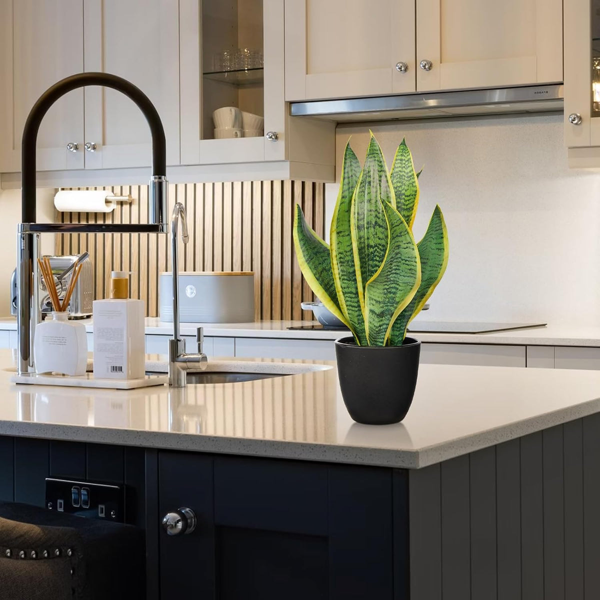 Fake Snake Plant 16" Faux Potted Plant Artificial Snake Plant with White Ceramic Pot Sansevieria Plant Perfect for House Modern Living Room Office Housewarming Gift Indoor Decor