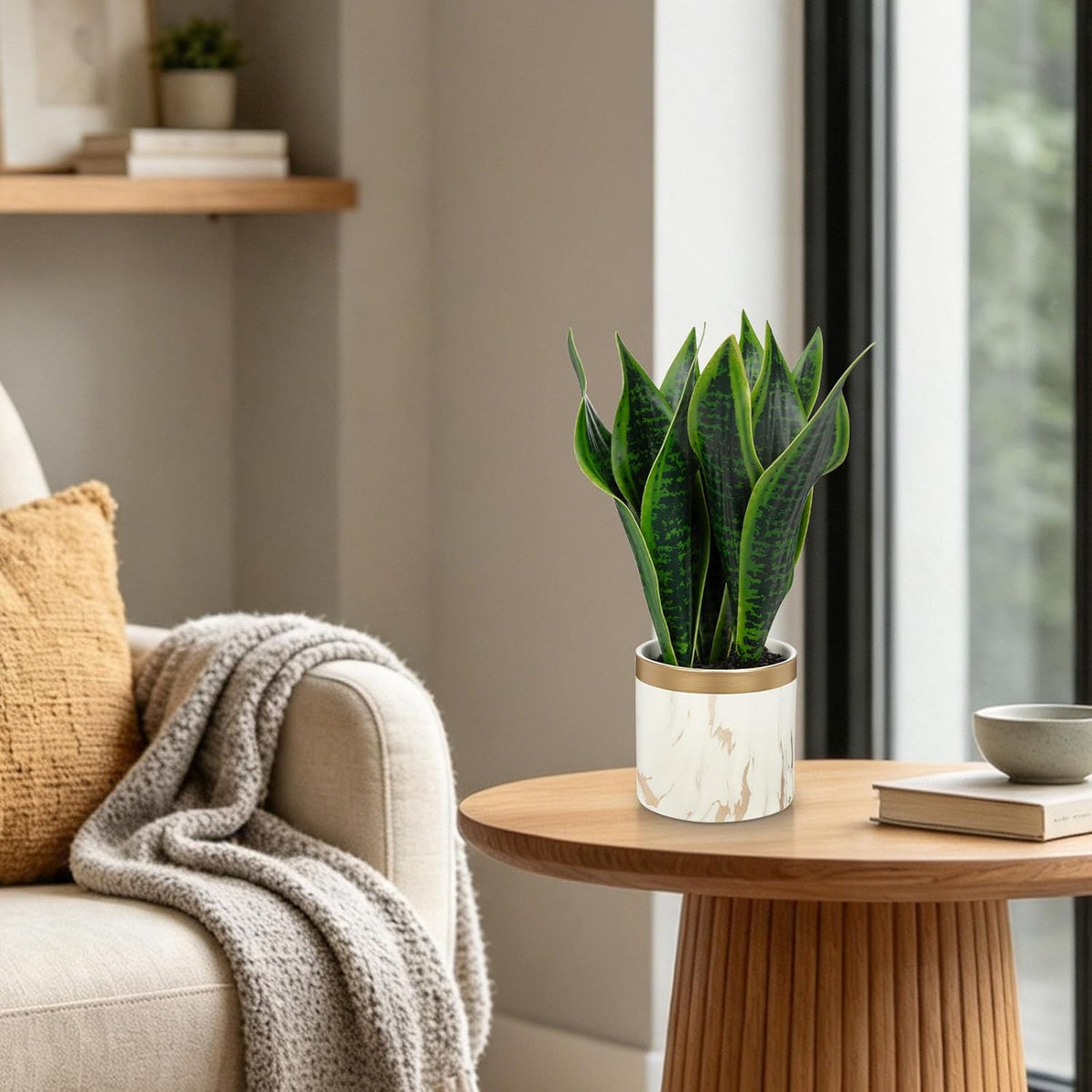 Fake Snake Plant 16" Faux Potted Plant Artificial Snake Plant with White Ceramic Pot Sansevieria Plant Perfect for House Modern Living Room Office Housewarming Gift Indoor Decor