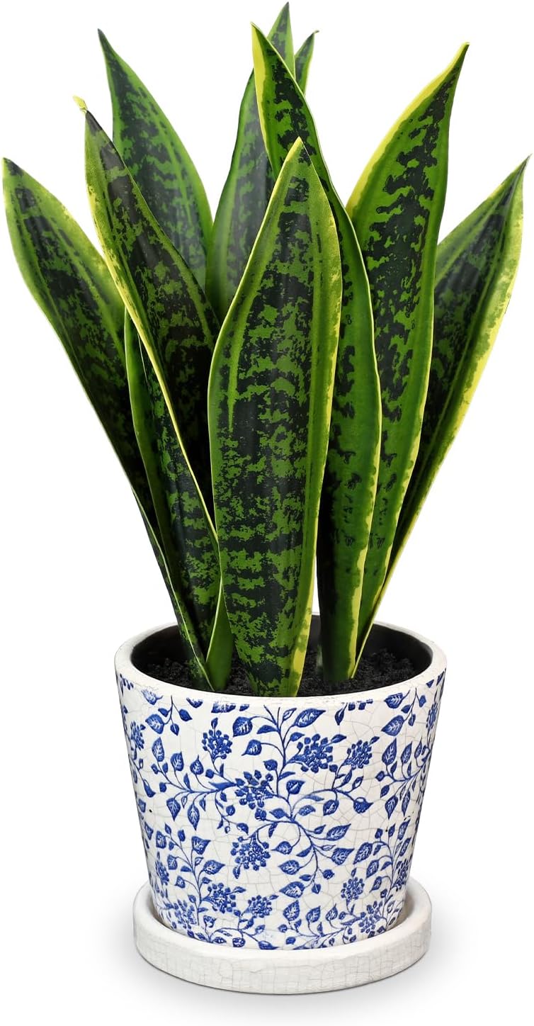 Fake Snake Plant 16" Faux Potted Plant Artificial Snake Plant with White Ceramic Pot Sansevieria Plant Perfect for House Modern Living Room Office Housewarming Gift Indoor Decor