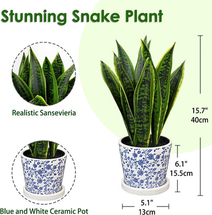 Fake Snake Plant 16" Faux Potted Plant Artificial Snake Plant with White Ceramic Pot Sansevieria Plant Perfect for House Modern Living Room Office Housewarming Gift Indoor Decor