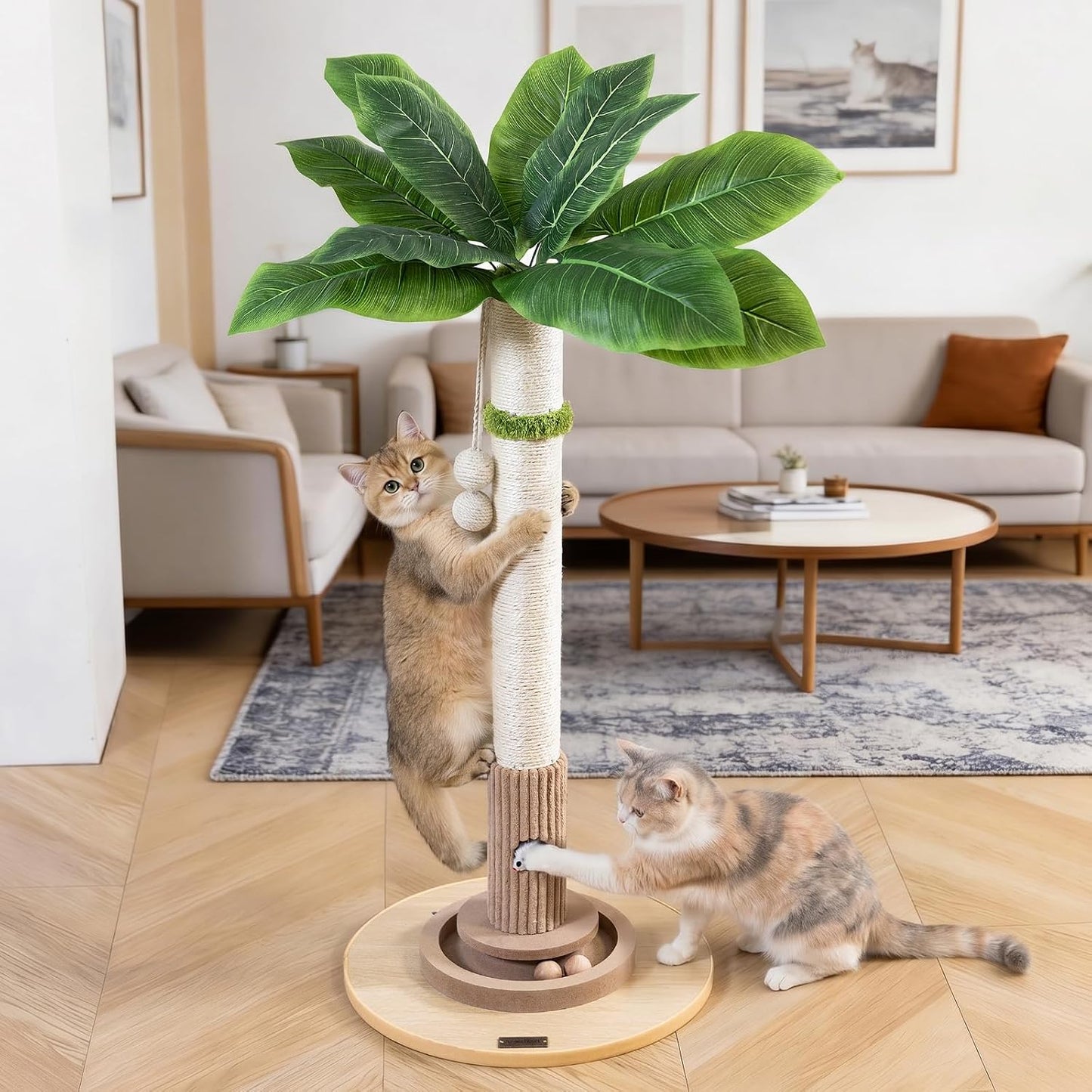 35" Tall Cat Scratching Post, Sisal Cat Scratcher Tree with Leaves,Interactive Cat Toys for Inddor Cats and Kitten