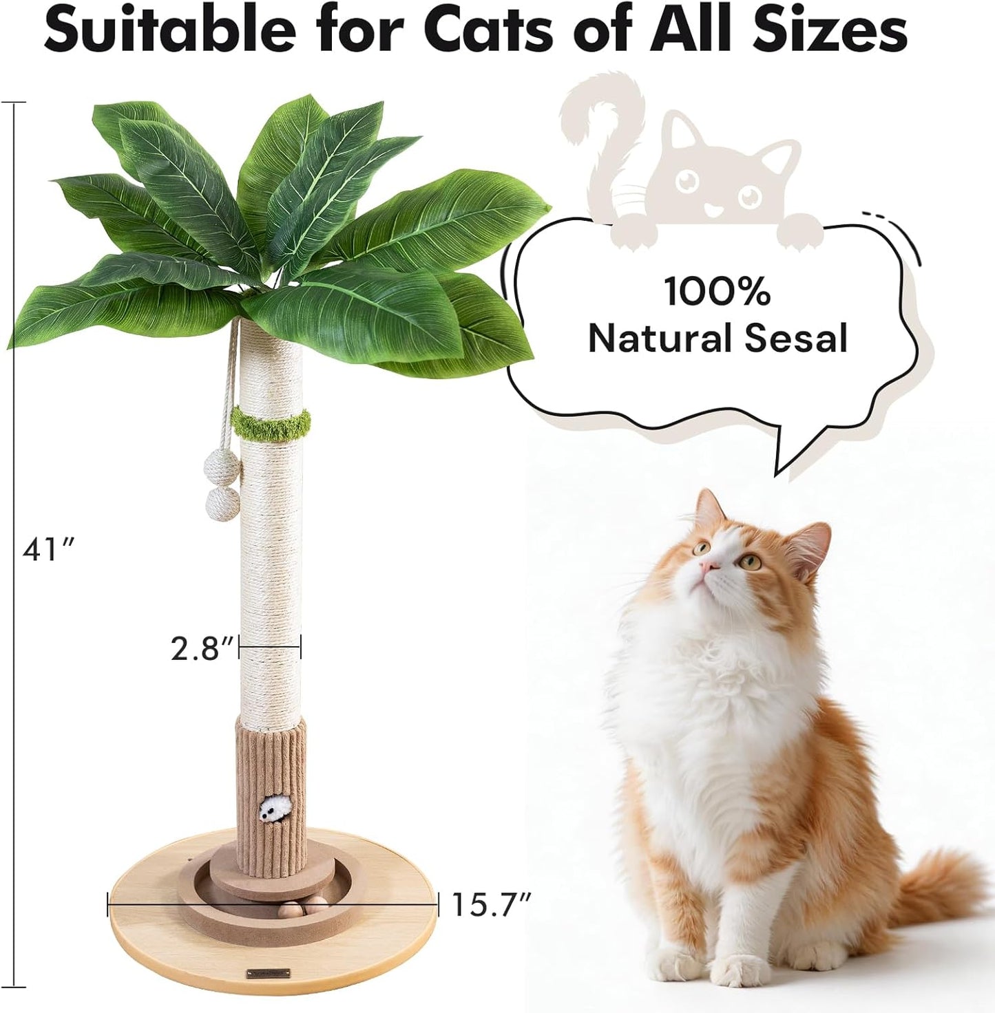 35" Tall Cat Scratching Post, Sisal Cat Scratcher Tree with Leaves,Interactive Cat Toys for Inddor Cats and Kitten