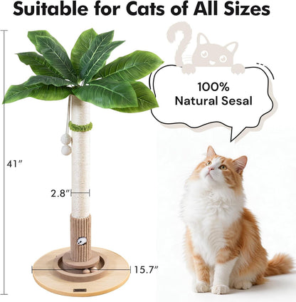 35" Tall Cat Scratching Post, Sisal Cat Scratcher Tree with Leaves,Interactive Cat Toys for Inddor Cats and Kitten