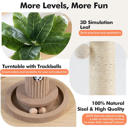 35" Tall Cat Scratching Post, Sisal Cat Scratcher Tree with Leaves,Interactive Cat Toys for Inddor Cats and Kitten