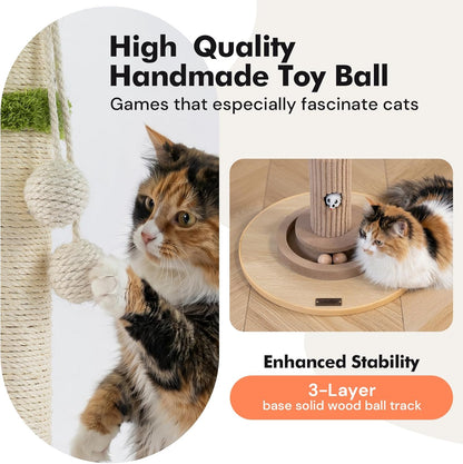 35" Tall Cat Scratching Post, Sisal Cat Scratcher Tree with Leaves,Interactive Cat Toys for Inddor Cats and Kitten