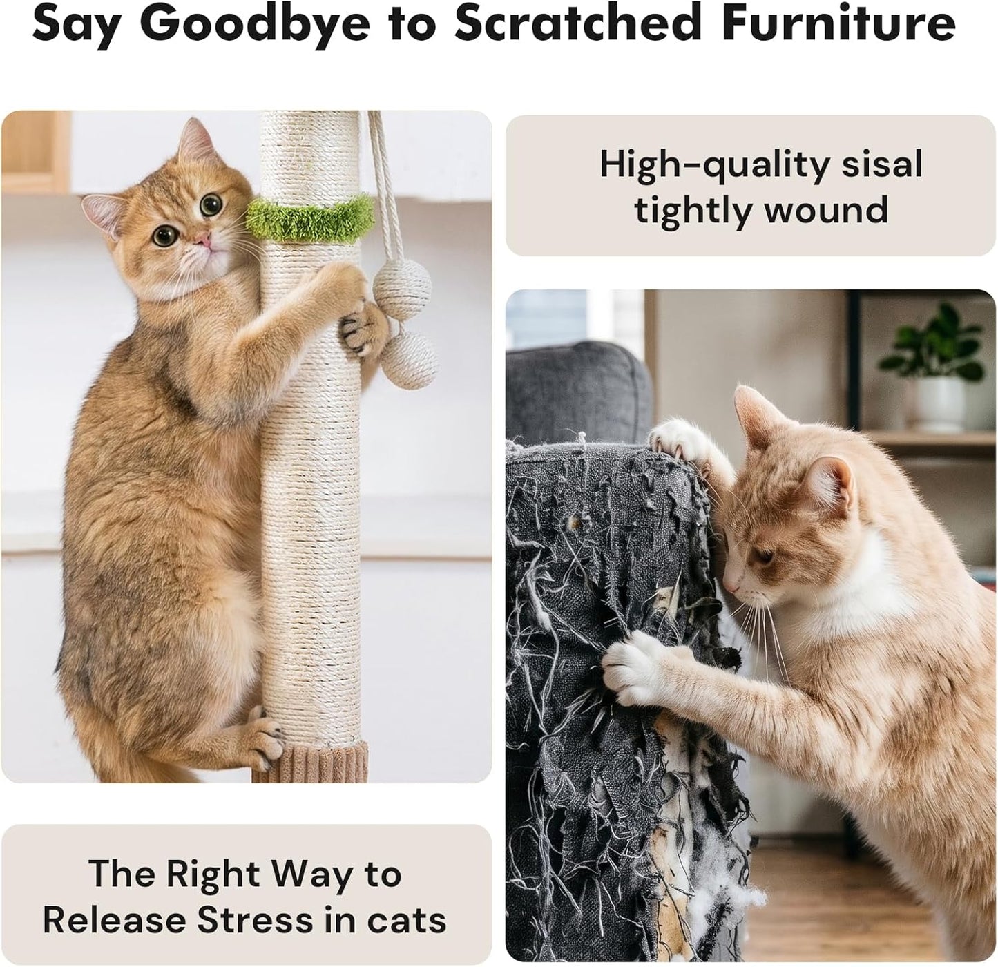 35" Tall Cat Scratching Post, Sisal Cat Scratcher Tree with Leaves,Interactive Cat Toys for Inddor Cats and Kitten