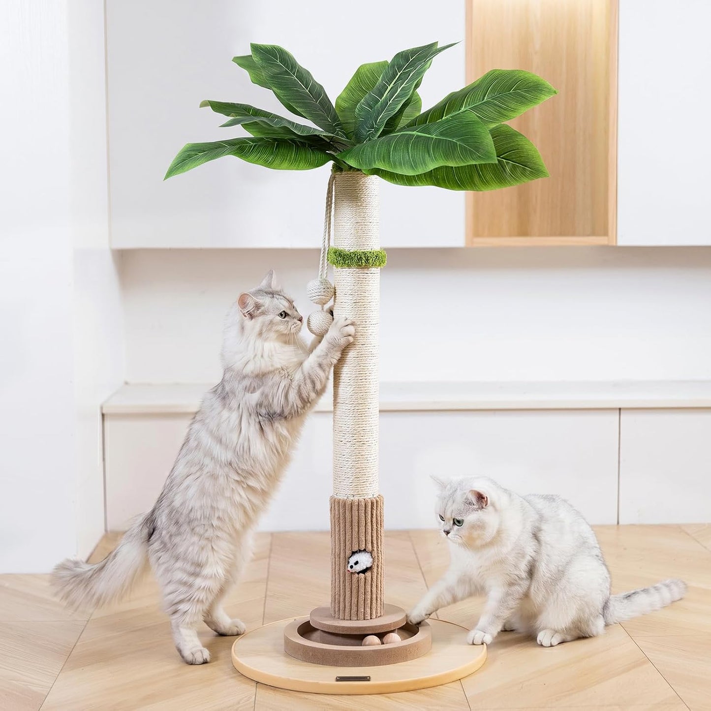 35" Tall Cat Scratching Post, Sisal Cat Scratcher Tree with Leaves,Interactive Cat Toys for Inddor Cats and Kitten
