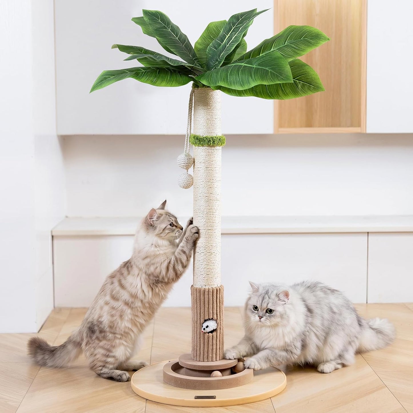 35" Tall Cat Scratching Post, Sisal Cat Scratcher Tree with Leaves,Interactive Cat Toys for Inddor Cats and Kitten