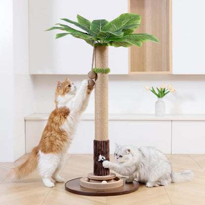 35" Tall Cat Scratching Post, Sisal Cat Scratcher Tree with Leaves,Interactive Cat Toys for Inddor Cats and Kitten