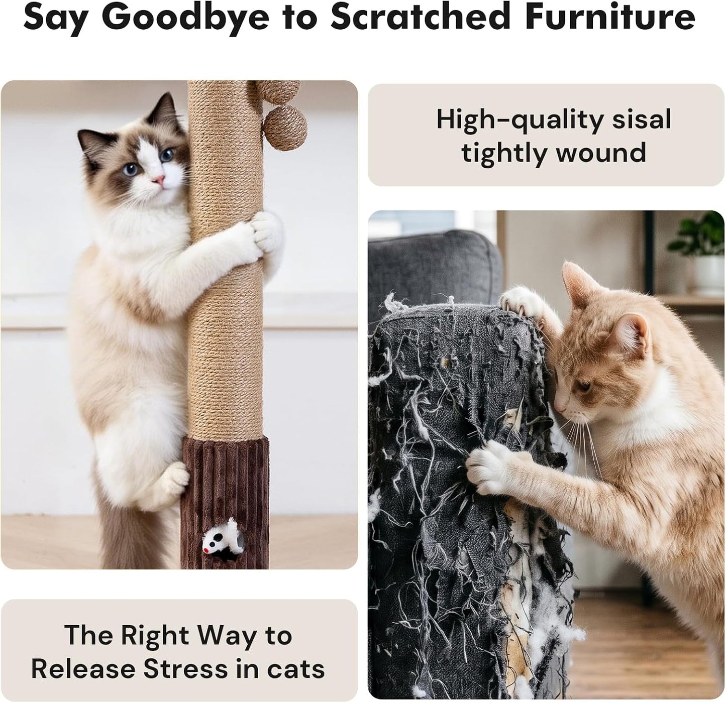 35" Tall Cat Scratching Post, Sisal Cat Scratcher Tree with Leaves,Interactive Cat Toys for Inddor Cats and Kitten
