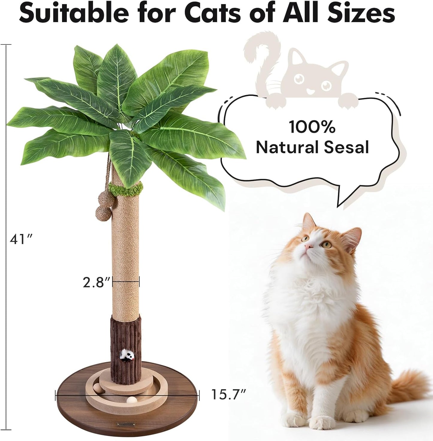 35" Tall Cat Scratching Post, Sisal Cat Scratcher Tree with Leaves,Interactive Cat Toys for Inddor Cats and Kitten