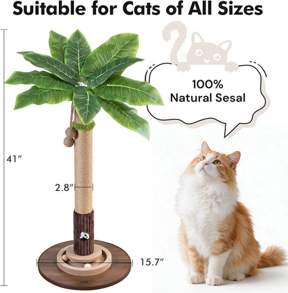 35" Tall Cat Scratching Post, Sisal Cat Scratcher Tree with Leaves,Interactive Cat Toys for Inddor Cats and Kitten