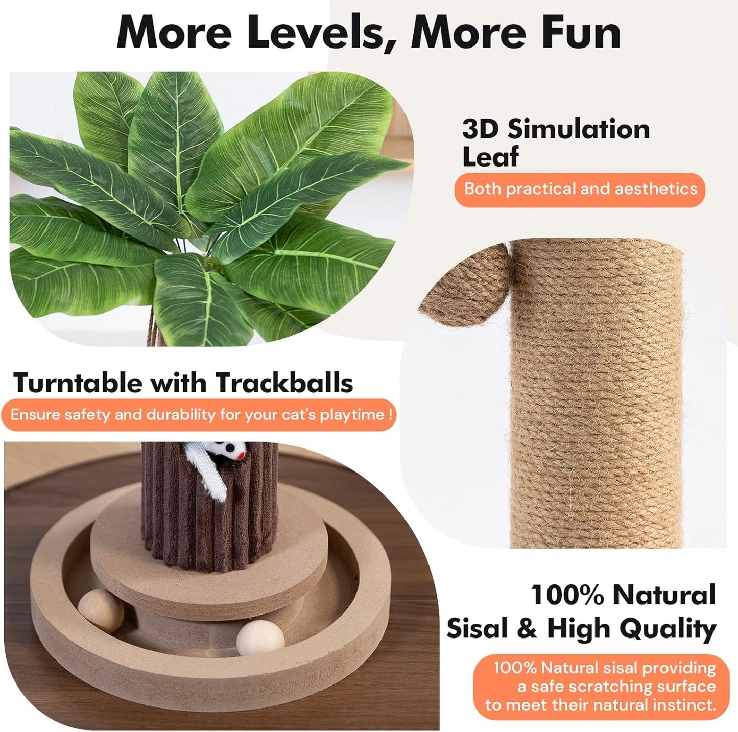 35" Tall Cat Scratching Post, Sisal Cat Scratcher Tree with Leaves,Interactive Cat Toys for Inddor Cats and Kitten