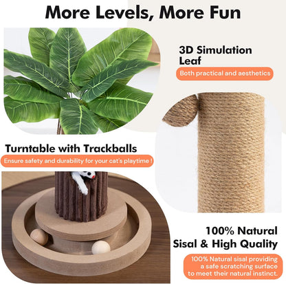 35" Tall Cat Scratching Post, Sisal Cat Scratcher Tree with Leaves,Interactive Cat Toys for Inddor Cats and Kitten