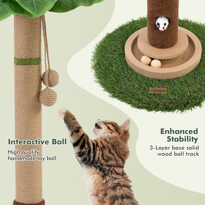35" Tall Cat Scratching Post, Sisal Cat Scratcher Tree with Leaves,Interactive Cat Toys for Inddor Cats and Kitten