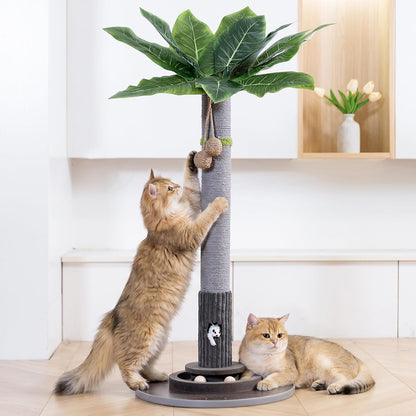 35" Tall Cat Scratching Post, Sisal Cat Scratcher Tree with Leaves,Interactive Cat Toys for Inddor Cats and Kitten