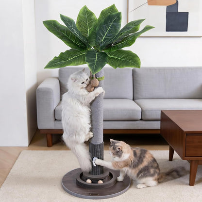 35" Tall Cat Scratching Post, Sisal Cat Scratcher Tree with Leaves,Interactive Cat Toys for Inddor Cats and Kitten
