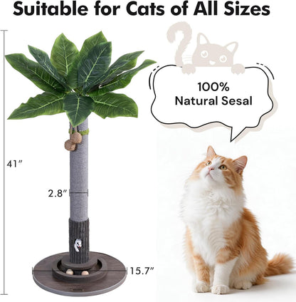 35" Tall Cat Scratching Post, Sisal Cat Scratcher Tree with Leaves,Interactive Cat Toys for Inddor Cats and Kitten