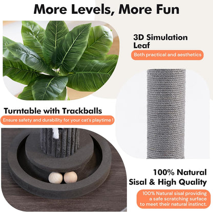 35" Tall Cat Scratching Post, Sisal Cat Scratcher Tree with Leaves,Interactive Cat Toys for Inddor Cats and Kitten