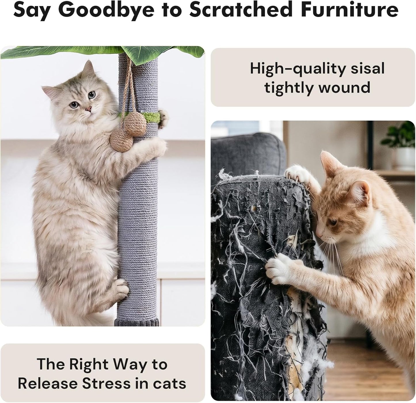 35" Tall Cat Scratching Post, Sisal Cat Scratcher Tree with Leaves,Interactive Cat Toys for Inddor Cats and Kitten