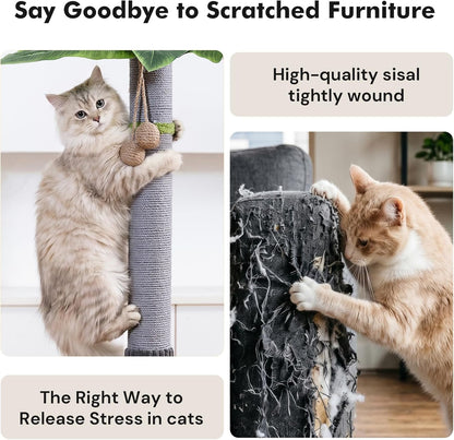 35" Tall Cat Scratching Post, Sisal Cat Scratcher Tree with Leaves,Interactive Cat Toys for Inddor Cats and Kitten